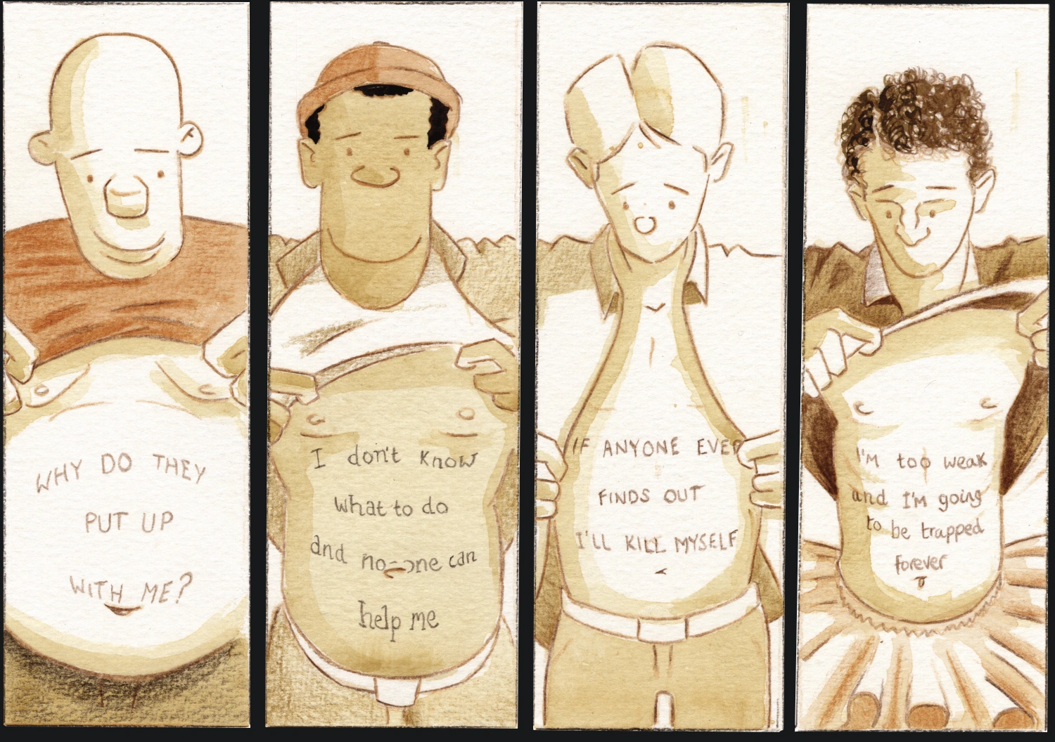 Four panels showing the four main characters lifting their shirts and revealing a personal secret scrawled over their chests.