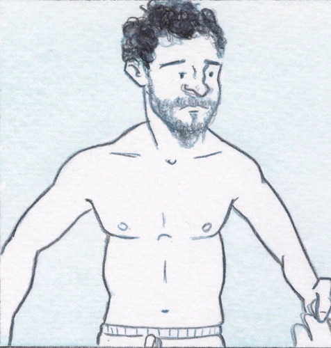 Nick stands shirtless, looking determined